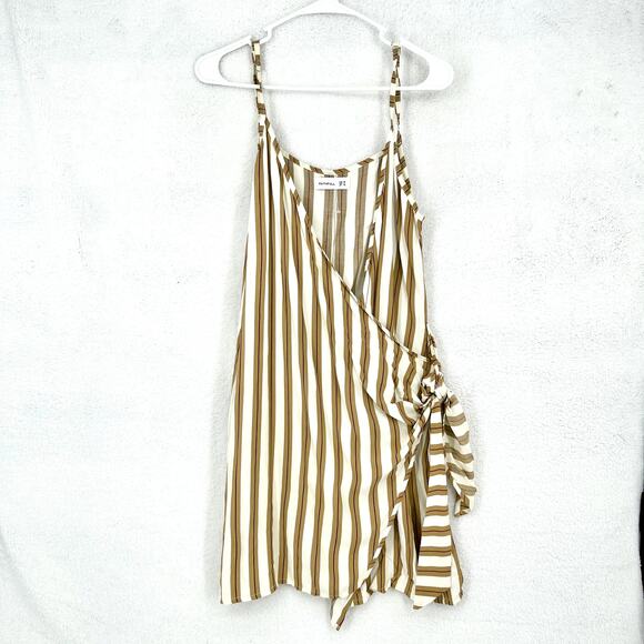 Faithfull Women's Kara Tan and White Striped Tank Mini Wrap Summer Dress Size 6 - Picture 2 of 6